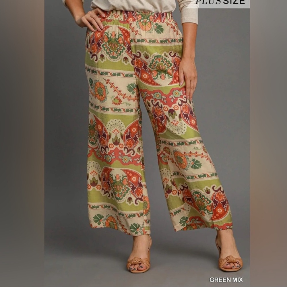 Umgee Wide Leg Green Print Pants Size Medium NWT - Picture 3 of 4